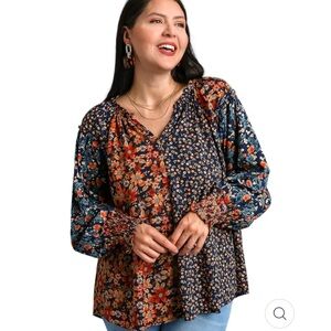 Umgee Floral Patchwork Blouse - Navy and Orange